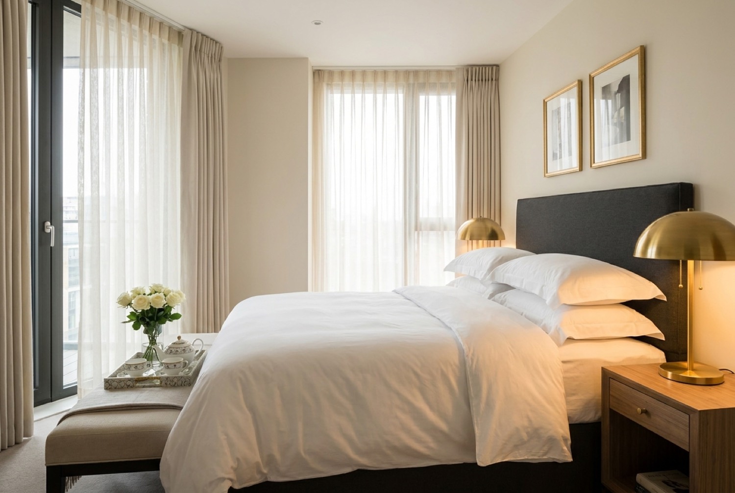 Hotel-grade bedroom with crisp white linen