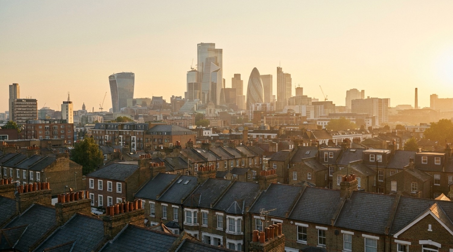UK city rooftops at golden hour